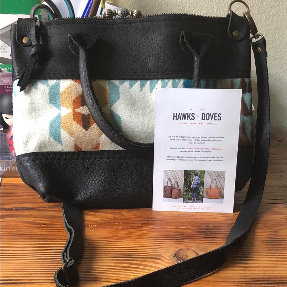 Hawks and Doves Handcrafted Black Leather & Aztec Tote Bag